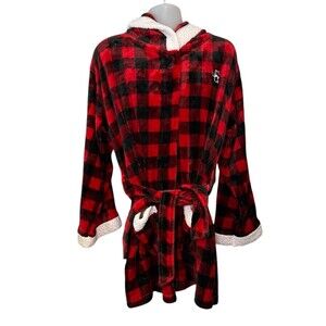 Bearpaw Women's 2X Flannel Sherpa Hooded Mid Length Winter Robe Belted Warm